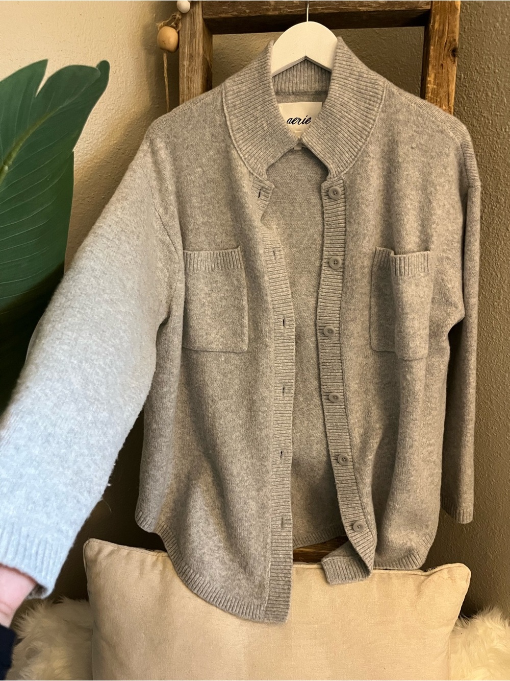 Aerie women’s oversized Gray Button-Front Wool Blend Sweater.